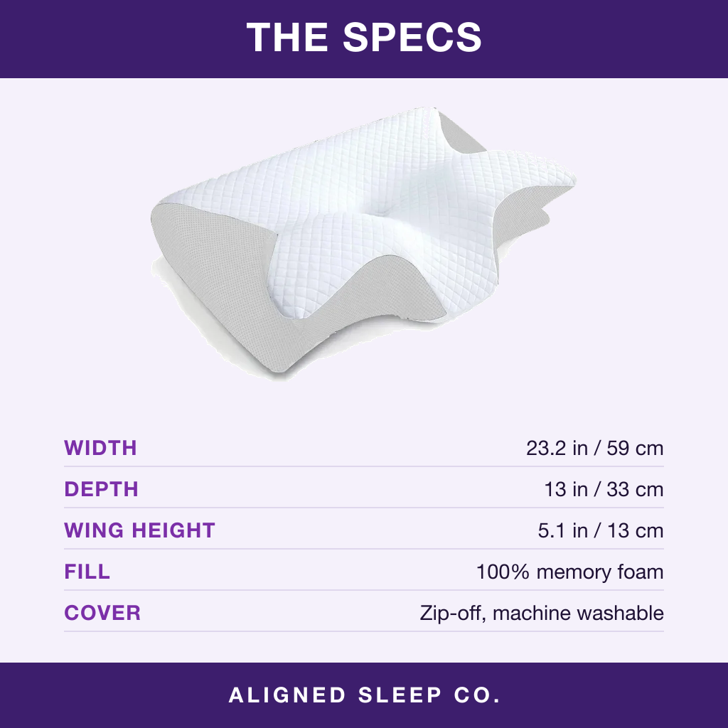 Pillow specifications: 23.2 x 13 inches, 5.1 inch wing height, memory foam